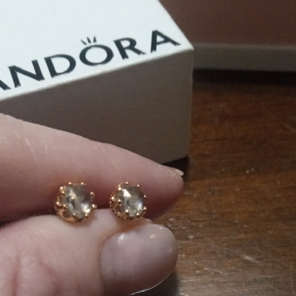 Pandora Gold and White Stud Earrings - Picture 3 of 5